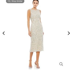 Brand new Mac Duggal Hand Embellished High Neck Sheeth dress in silver/nude